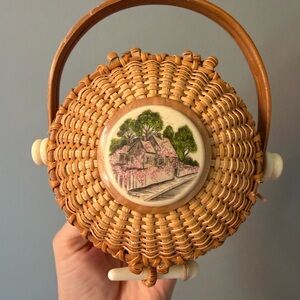 Linda Layden vintage Nantucket mini basket with carved scrimshaw
